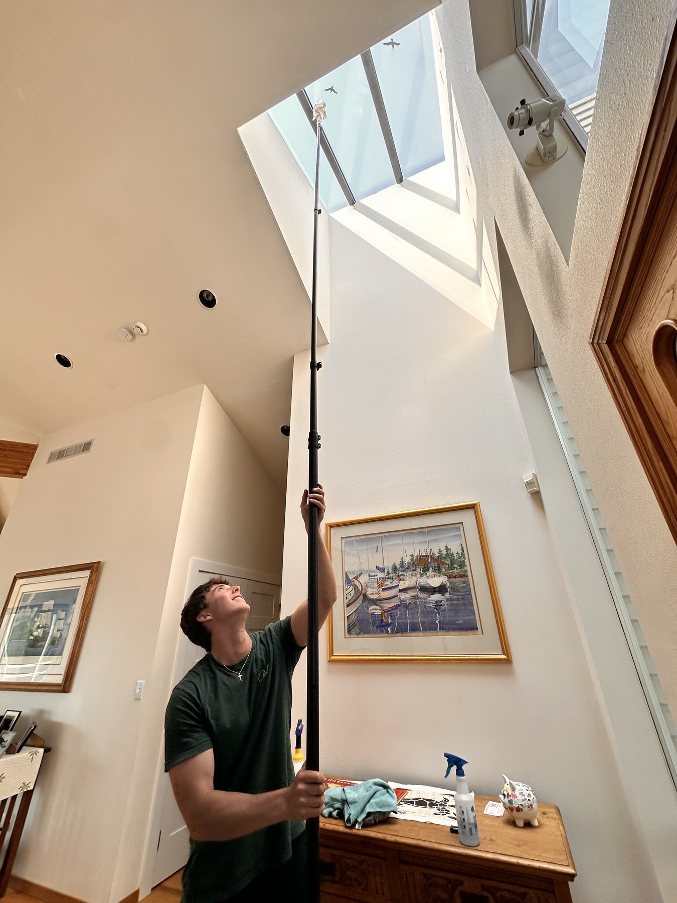 Cleaning a hard-to-reach skylight with a water-fed pole