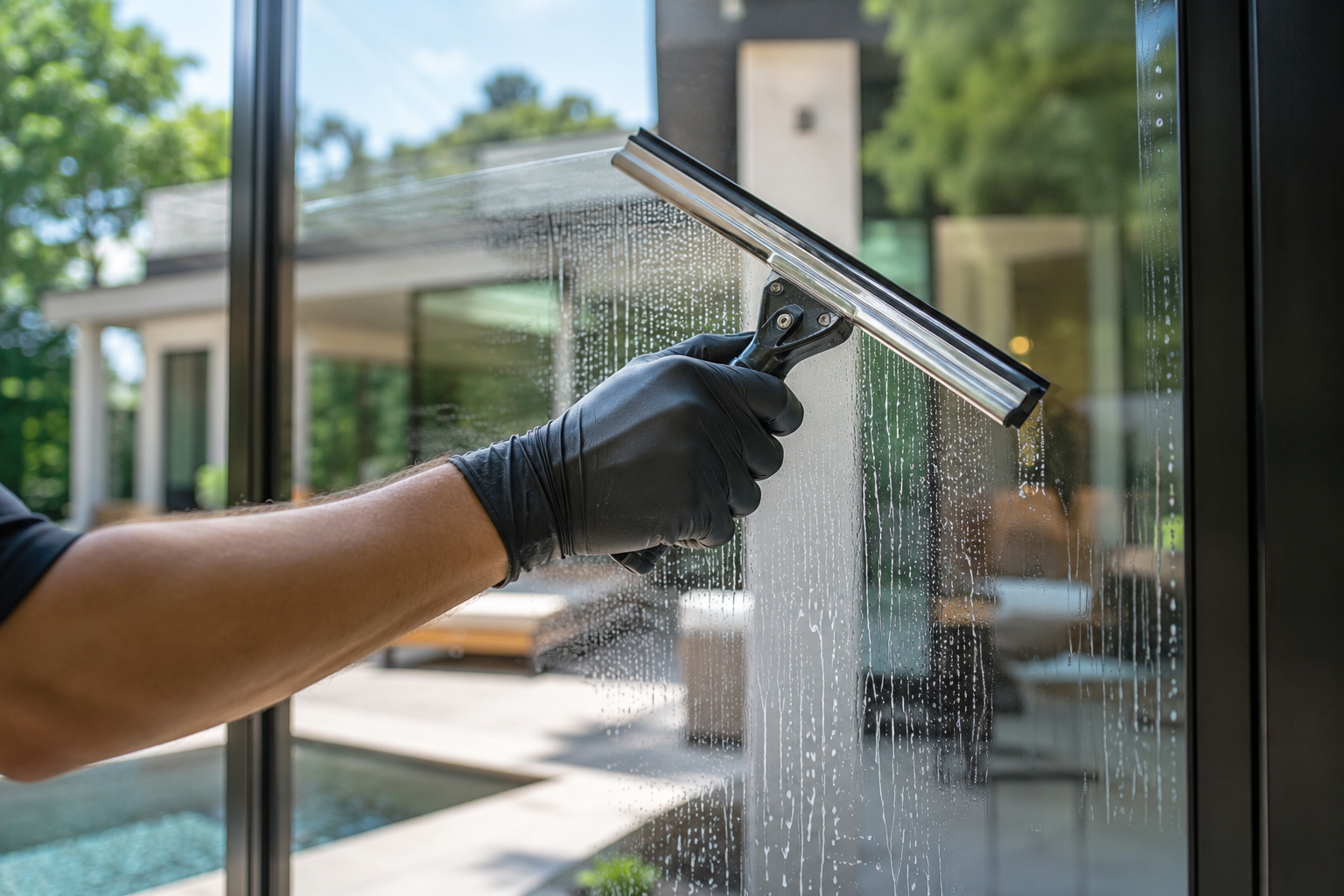 Hand cleaning a window with a squeegee