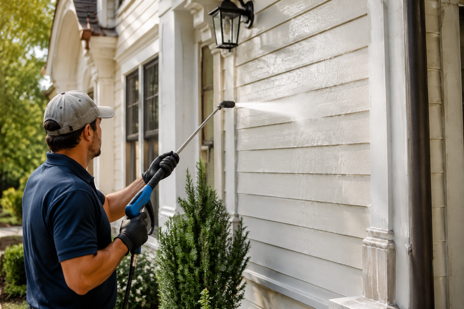 Soft washing treatment on a house exterior