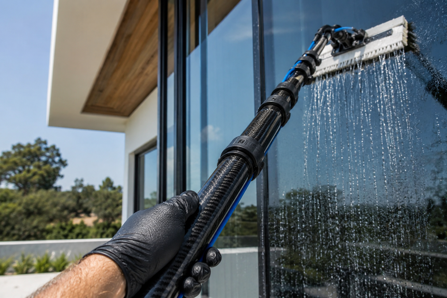 Water-fed pole cleaning exterior windows